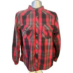 Rock & Republic Western Cotton Button Down Size L Black and Red Plaid Causal